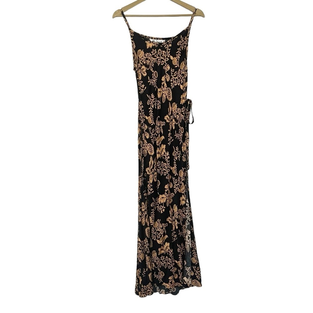 Zara Size Large Black Gold Floral Wrapped Satin Maxi Dress Formal Party Travel
